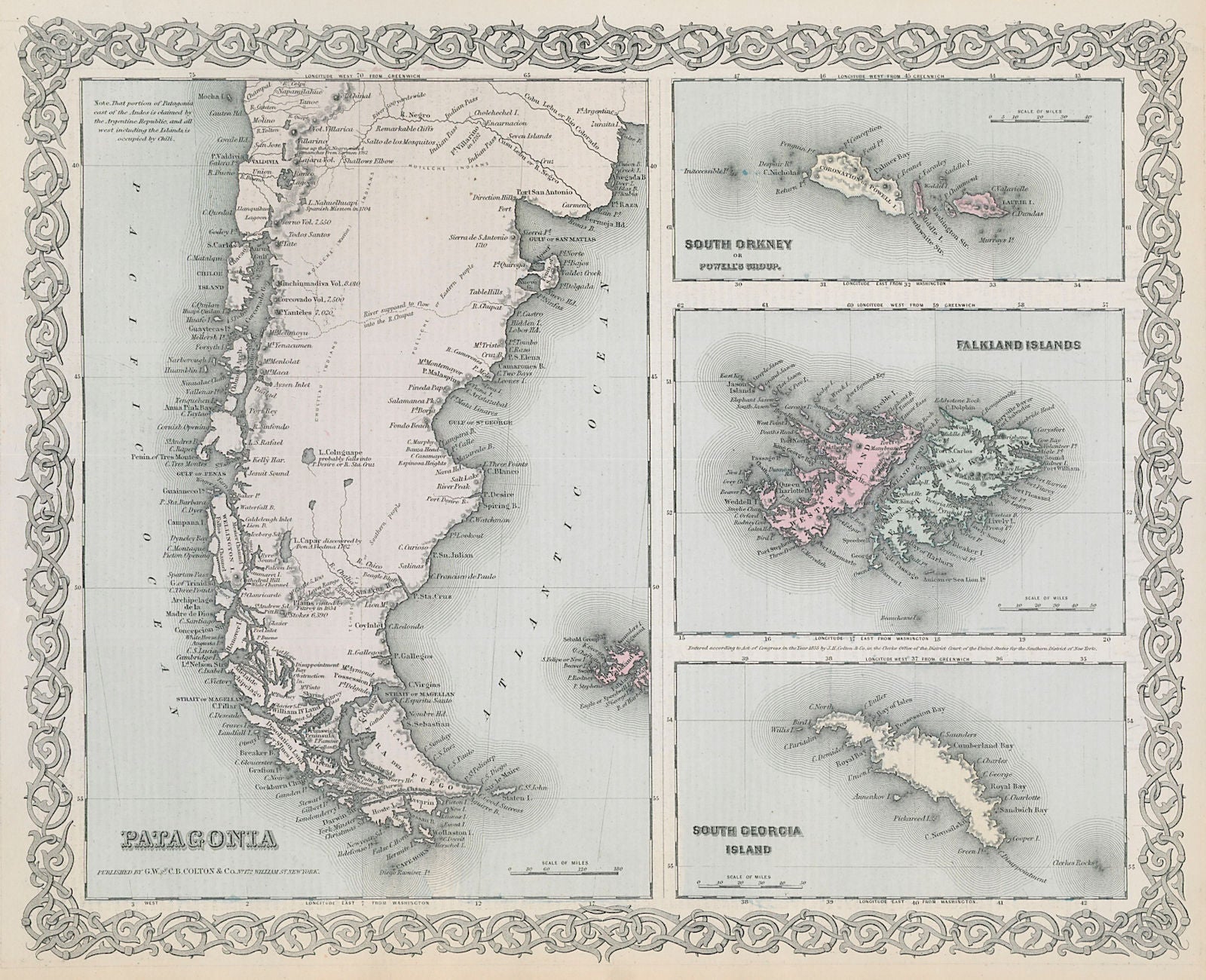 Colton's Patagonia, South Orkney, Falkland Islands & South Georgia 1869 map